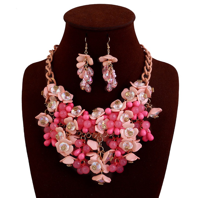 Acrylic Bead Bib Necklace & Earring Set Bold Chunky Fashion Costume Jewelry GF8 