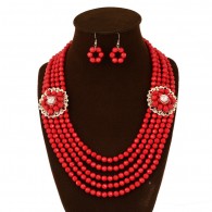Red Layered Beads Statement Necklace Earrings