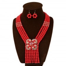 Red Boho Beads Statement Necklace Set