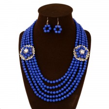 Blue Layered Beads Statement Necklace Earrings