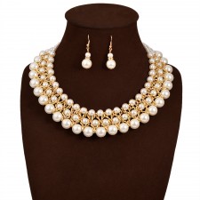 Layered Pearl Collar Bib Necklace Earrings n094