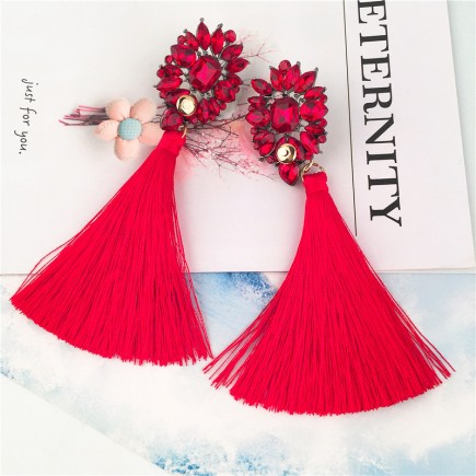 Red Gems Cluster Tassels Earrings e052