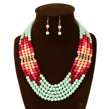 Green Layered Bead Chunky Necklace Set