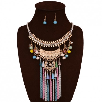 Long Colorful Bead Bib Necklace Sets