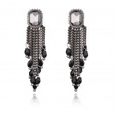 Black Beaded Fringe Earrings e014